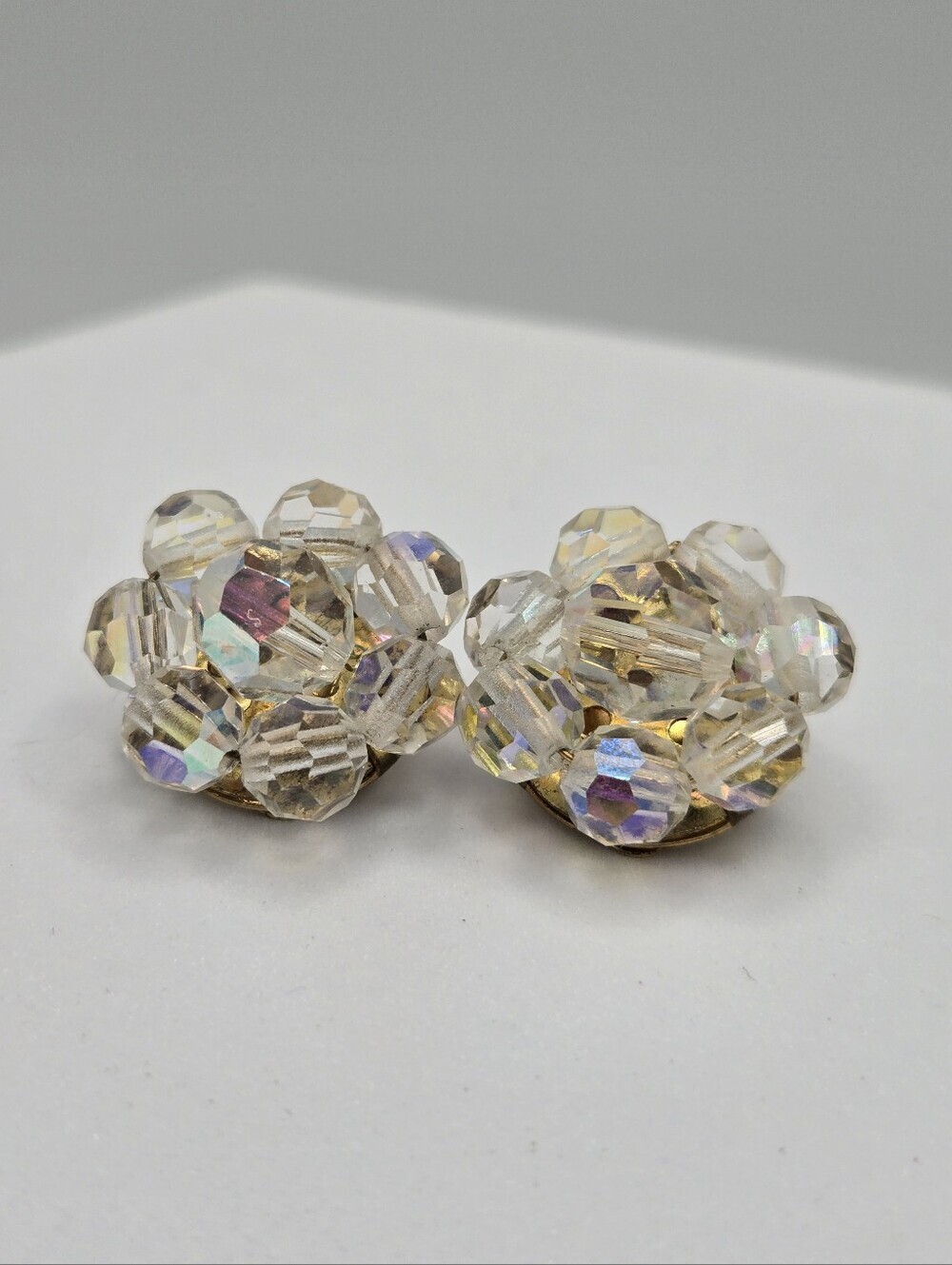Vintage Aurora Borealis AB Crystal Cluster Clip-On Earrings Gold Tone 3/4"